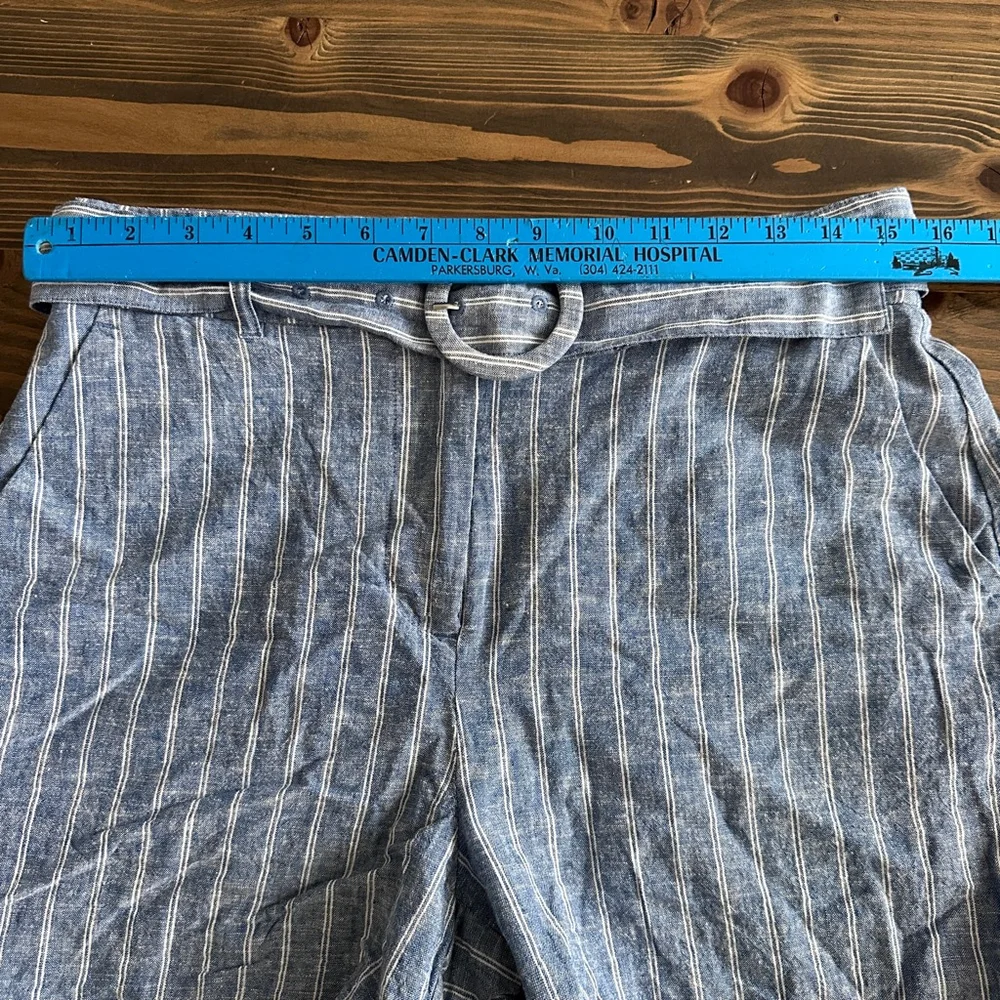 Nine West Linen Blend Shorts Womens M Blue White Striped High Waist Belted